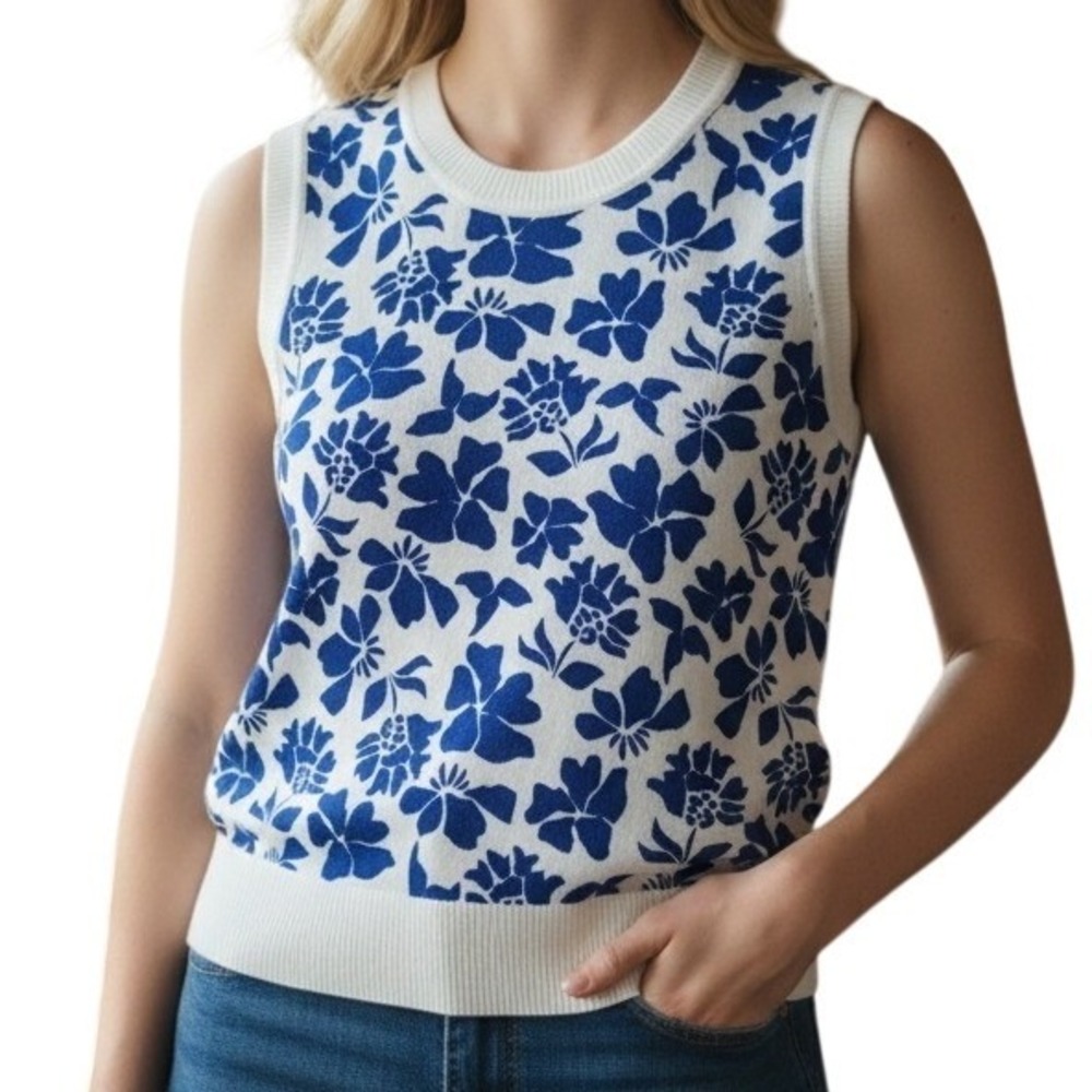 Style‎ Co Petite PL Blue White Floral Print Knit Sweater Vest Sleeveless Top